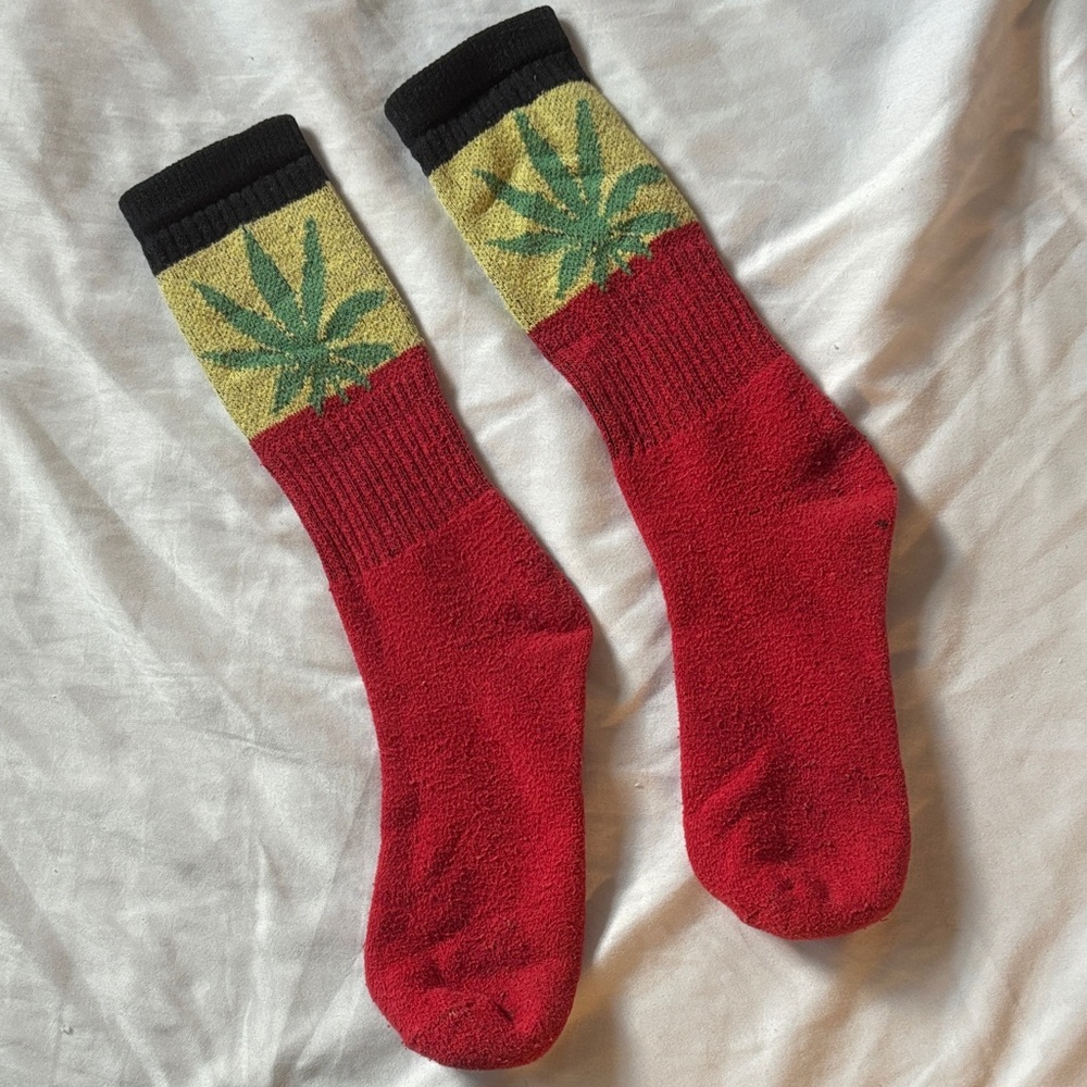 Red and Black Socks with Green Leaf Design